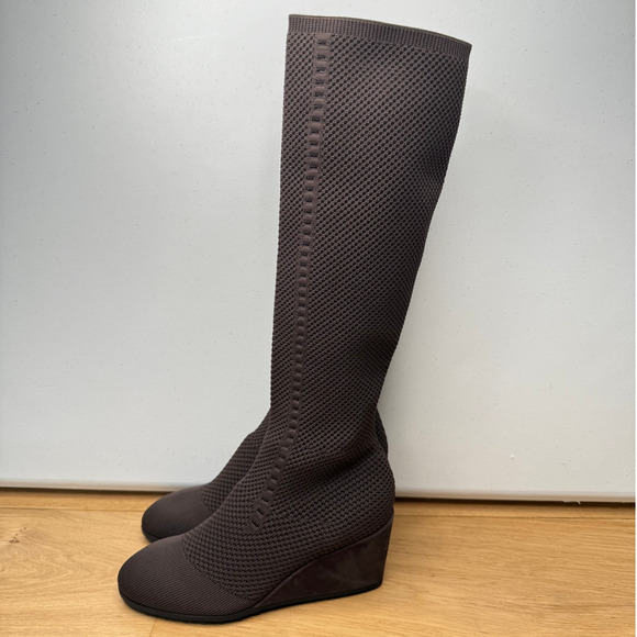NEW Eileen Fisher Kasana Chocolate Brown Knit Wedge Boots Mesh Stretch - Picture 1 of 9